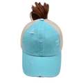 Detail of light blue distressed baseball cap featuring crisscross back for ponytail and mesh - One Size / Aqua