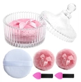 Pink and white microfiber powder puff set with bow detail and glass storage jar - 1 Large White + 2 Pink + 2 Brushes (In Glass Jar)