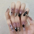 Sparkly long coffin press-on nails with silver stars and rhinestones on mixed colors - Stars Rhinestone Stylish Style (N5243)
