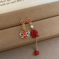 Asymmetric red lion dance tassel earrings with auspicious Chinese characters and pearls - 60# Silver Earring Post Gold Red Lucky Xi Lion Long