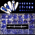 Detailed set of deep blue nail art rhinestones with 21 grids box and picking tool pen - Dark Blue Set