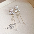 Long gold tassel earrings with white pearls and sparkling studs on a beige tray - 56# Silver Earring Post - Gold - Pearl Tassel