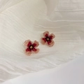 Burgundy and pink floral bead-embroidered stud earrings on a white textured background - 11# Silver Earring Post-Red