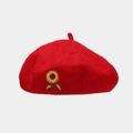 Close-up of sunflower embroidery detail on a red wool felt beret for women - One Size / Red