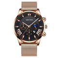 Men's fashion rose gold mesh watch with black sunray dial and chronograph sub-dials - Black Dial Rose Gold Hands Rose Gold Strap