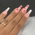 Long coffin press-on nails featuring nude base with red lip prints and rhinestone accents - Bz1407 Red Lips And Blazing Flames / Jelly Glue + Nail File
