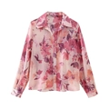 Camicia a maniche lunghe da donna con stampa floreale rosa e viola in chiffon velato - Camicia