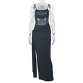 Detail of black maxi dress with sheer mesh waist panel and elegant side drape fabric - S / Black