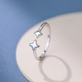 S925 silver open ring featuring micro-set zircon four-pointed stars in a silver finish - Adjustable Open / Simple Double Star Style (K2169)