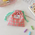 Pink checkered drawstring pouch with floral accent and soft fabric for makeup storage - 14cm*16cm / Watermelon red