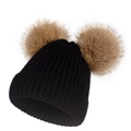 Bonnet en tricot noir pour femmes avec deux pompons en fausse fourrure d'hiver - Noir