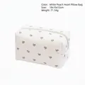 White corduroy cosmetic bag with black heart print, 18x10x12cm portable makeup organizer - Pillow Bag / White