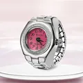 Creative silver alloy ring watch featuring a round pink dial and flexible band - Small Round Rose Red Dial