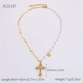 Collar de doble capa de oro y perlas con colgante de cruz y corazón brillante - Perla Diamantes de Imitación Cruz (XL31167)