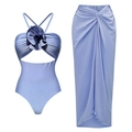 Lilac metallic swimsuit set with 3D flower cutout monokini and matching sarong skirt - S / Halter One-Piece Set