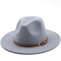 Detail showing light grey wool fedora hat with brown leather band and gold buckle - Light Grey