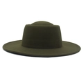 Detailed view of the dark olive green wool felt wide brim fedora hat with a round crown - Adult (57-60cm) / Army Green