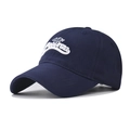 Close-up of navy blue cotton baseball cap featuring white 3D letter embroidery detail - Adjustable / Navy Blue