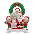 Close-up of a resin 5-member family Christmas tree ornament with a white DIY banner - Christmas Santa Family 5-Head