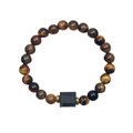 Natural tiger eye and black stone beaded bracelet with metallic spacers on white background - Yellow Tiger Eye & Shiny Black Beads With Tourmaline