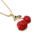 Exquisite gold-plated cherry pendant necklace with red zircons and green enamel leaves - Red Cherry