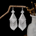 Ethnic style silver earrings with long leaf tassels in a bohemian geometric design - Silver Triangle Leaf Tassel Style (E4991-3)