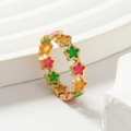 Colorful star-shaped stainless steel ring with pink and green enamel in gold finish - US 9 / Gold