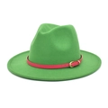 Close-up of green wool fedora hat featuring a pink leather belt with golden metal buckle - M(56-58cm) / Grass Green
