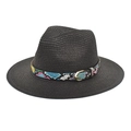 Detail of black straw fedora hat featuring a vibrant colorful snakeskin pattern ribbon - M (56-58cm) / Black
