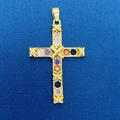 Golden cross pendant with colorful gemstones and X-texture pattern on blue fabric - Colorful Gem X-texture Cross (753)