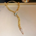 Vintage style gold snake necklace with sparkling rhinestones and green emerald eyes - 47# Necklace - Gold - Snake Rhinestone Green Eye Cuban