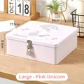 Pink unicorn storage tin box with lock and key, large rectangular metal organizer - 24x17.5x8.5cm / Large - Pink Unicorn