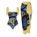 Three-piece bikini set with geometric fractal print, tie-up swimsuit and matching sarong - Teal