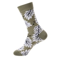 Olive green crew sock featuring black and white abstract leaf patterns on white background - 1049 Grey Leaf