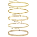 Detail van de 5-delige gouden stapelbare enkelbandjes set met slangenketting en CZ - Gouden Multi-Ketting Combinatie