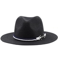 Detail of nautical blue and white rope with a metallic silver anchor on a black Panama hat - Black