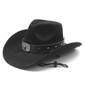 Classic black faux suede Western cowboy hat with bull head metal buckle and chin strap - M (56-58cm) / Black