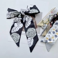 Floral print hair scarf in black and white camellia pattern with various color options - Black Camellia
