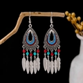 Bohemian vintage silver earrings with colorful beads and hanging leaf tassels for women - Retro Silver + Tri-color Beads + Leaf (E5835)