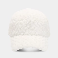 Front view of a white fuzzy warm baseball cap featuring a unique wavy plush texture. - Adjustable / White
