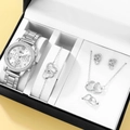 6-piece silver quartz watch set with heart jewelry in a premium gift box - Silver Set 7 (Orange Box)
