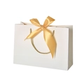White paper gift bag with golden satin ribbon bow and braided handle for luxury packaging - White; Horizontal Extra Small Size 19*15*7 Ribbon Style