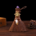 Detailed view of Wicca mini broom with purple crystal and golden bee on wood - Style 7