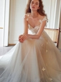 Elegante vestido de novia blanco marfil con mariposas 3D y falda de tul a capas - US 2 / Blanco Roto