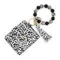 Silicone bead keychain bracelet set with cow print leather card holder and tassel - White Leopard