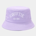 Close-up of Swiftie Est. 1989 white embroidery on a light purple canvas bucket hat - M (56-58cm) / Light Purple