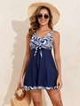 Floral print swim dress with blue bow design for beach vacation and slimming style - S / Blue