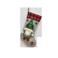 Grey felt Christmas stocking with red plaid cuff and gnome figure with green hat - Grey