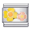 Italian modular charm in silver finish with yellow and pink enamel floral pattern - ICJ332/Two-Tone Flowers