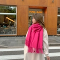 Vibrant rose red cashmere scarf with fringe details worn in a stylish outdoor setting - Thickened Tassel Style (350g) / 200*70cm / Magenta